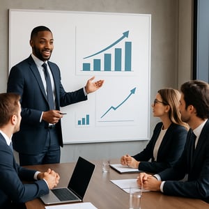 Generate an image showing a person presenting charts with increases to board room-1