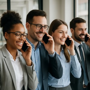 office team on phones