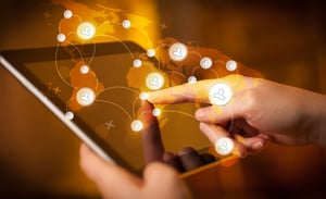 Finger pointing on tablet pc, social network concept